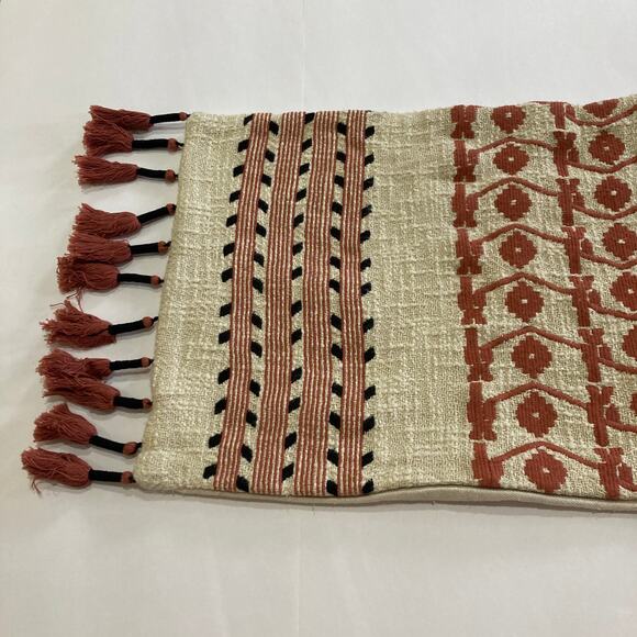 West Elm Lumbar Woven Pillow Cover Cream & Terracotta Red Boho Tassels 13" x 33" - Picture 3 of 9